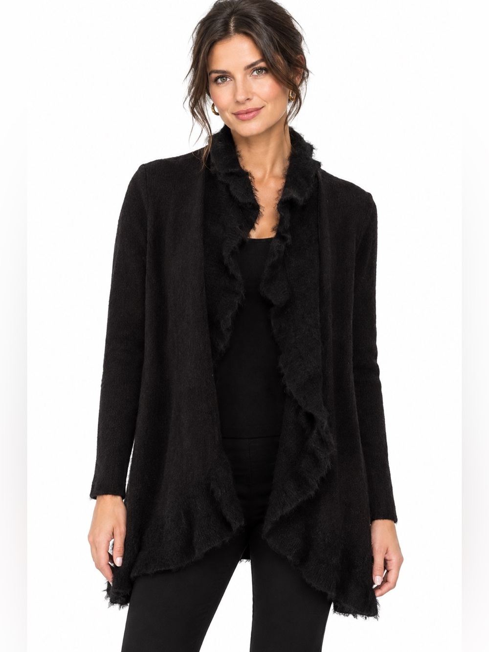 WHMB Size M Black Long Open Ruffle Cardigan Sweater Wool Rabbit Hair